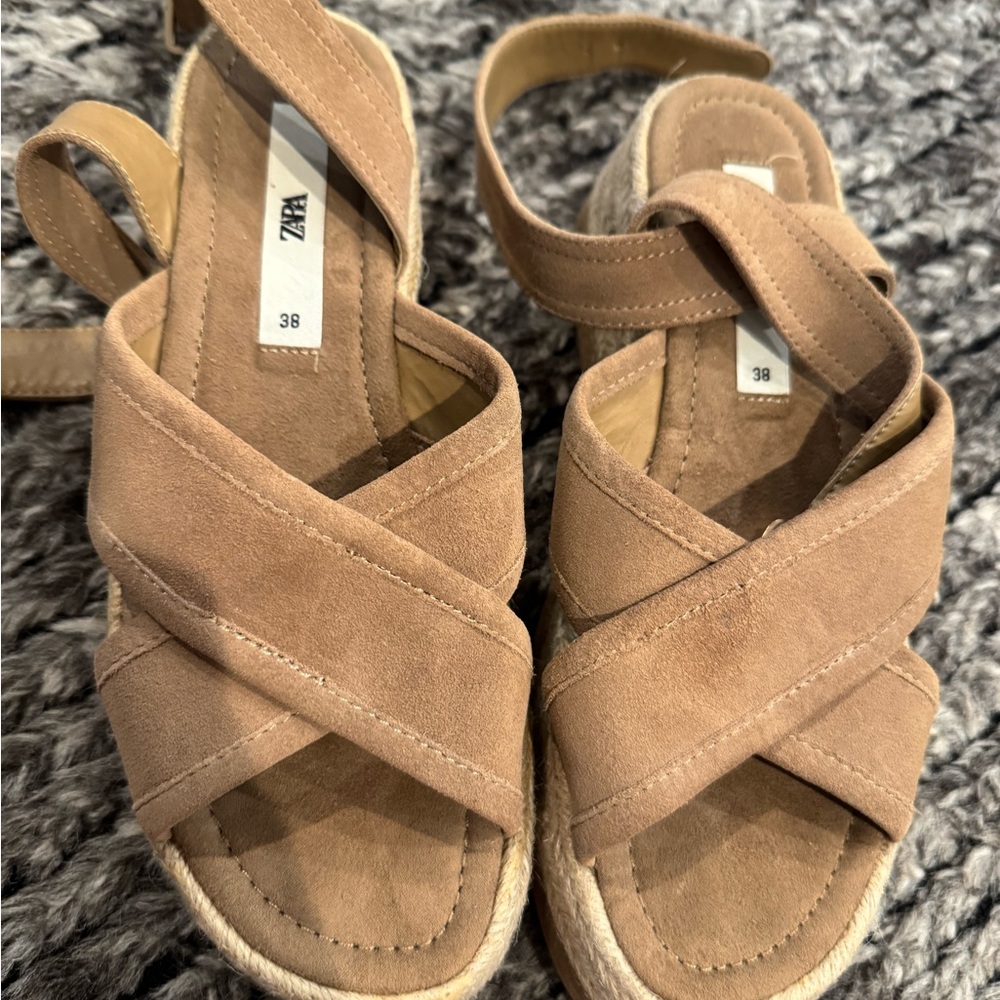 ZARA Tan Suede Espadrille Platform Sandals – Size 38